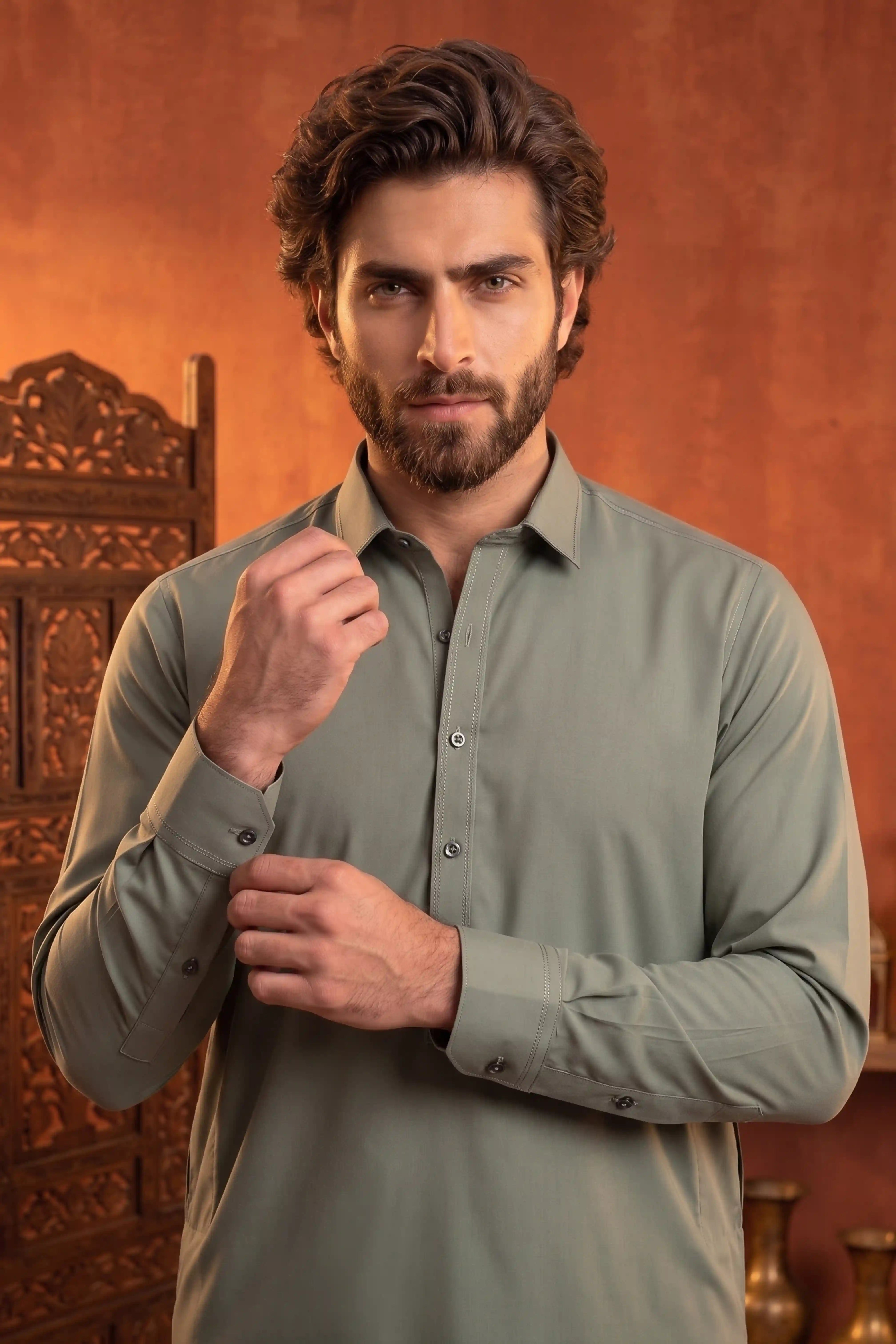 OLIVE GREEN MENS STITCHED